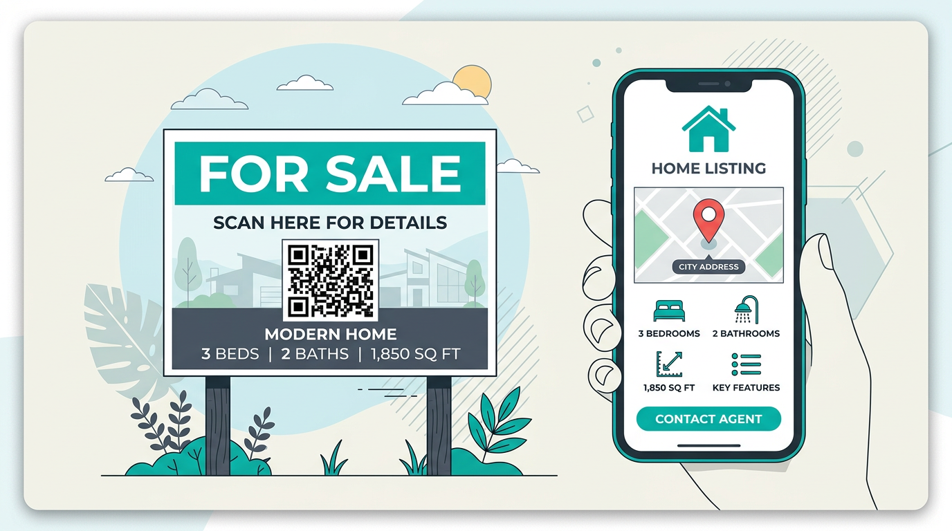 Ilustração de placa de imóvel com QR code e celular exibindo página do imóvel.