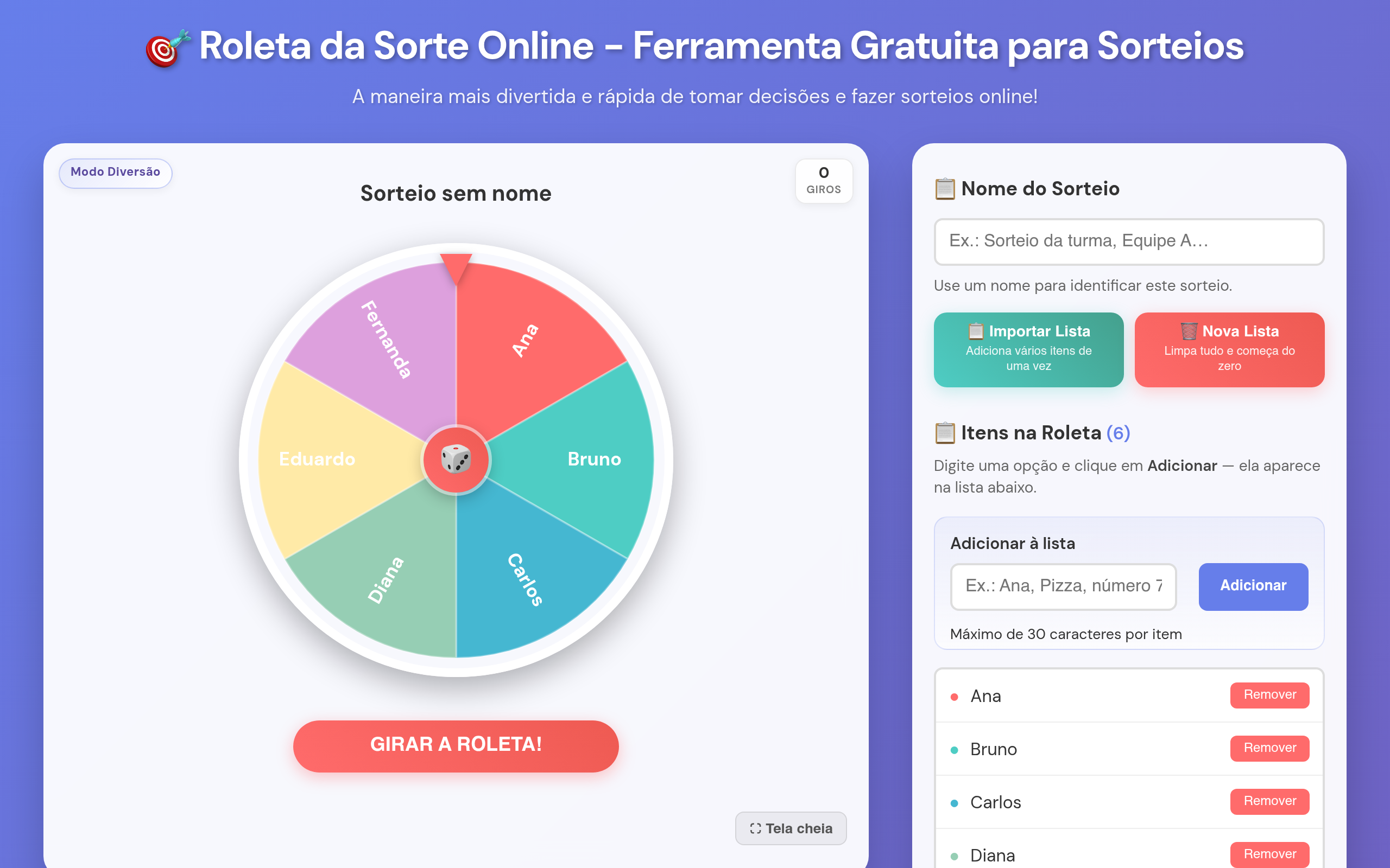 Captura da Roleta da Sorte: roleta colorida, botão Girar a roleta e painel com lista de itens.