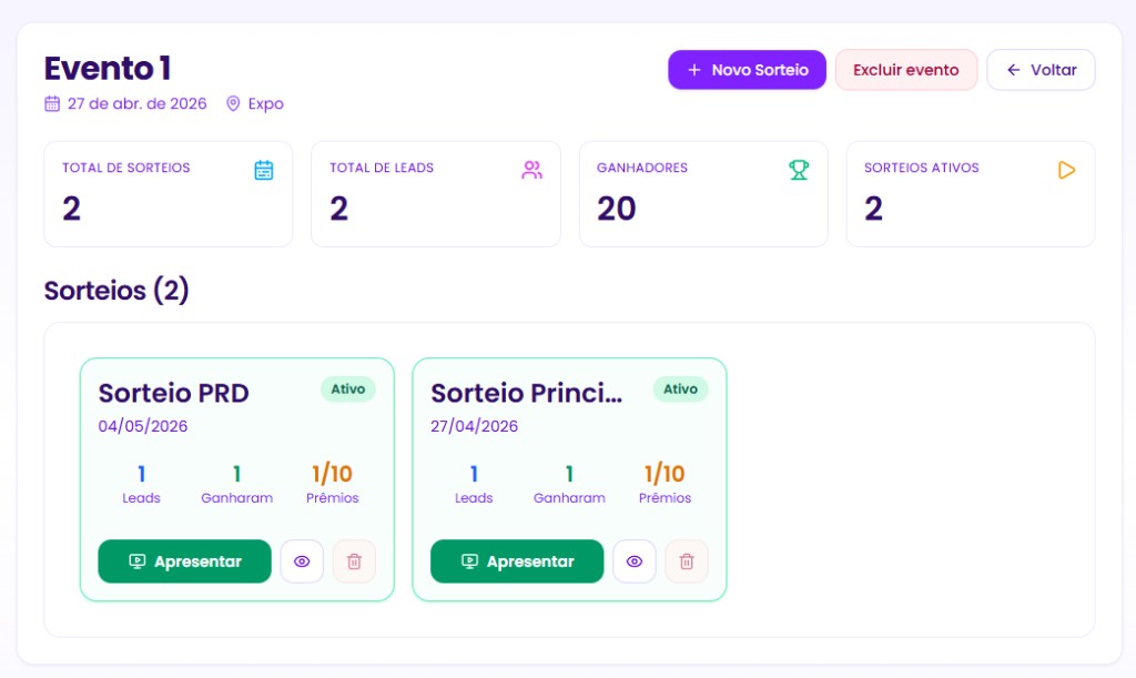 Painel do Sortefy com visão do evento, métricas e lista de sorteios.
