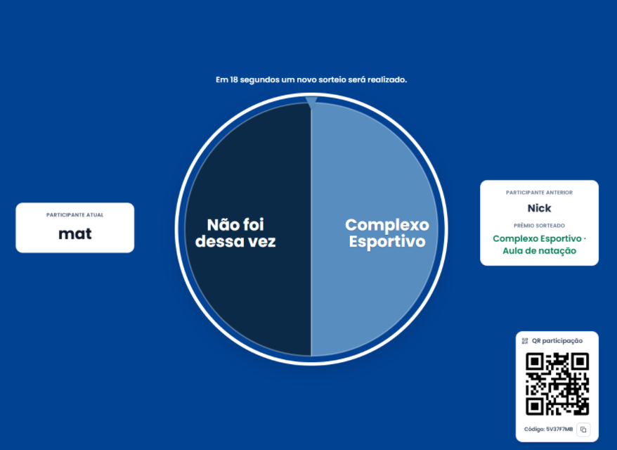 Tela de apresentação ao vivo do Sortefy com roleta, QR Code e prêmio sorteado.