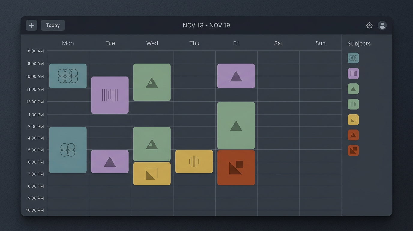Ilustração de calendário semanal com blocos de estudo.