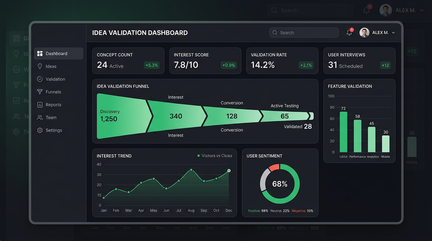 Ilustração de painel com métricas e funil de conversão para validação de ideias.