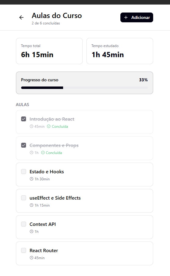 Lista de aulas com duração, checkboxes e progresso do curso