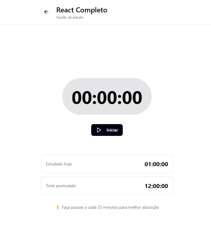 Tela de sessão de estudo com cronômetro e tempos acumulados